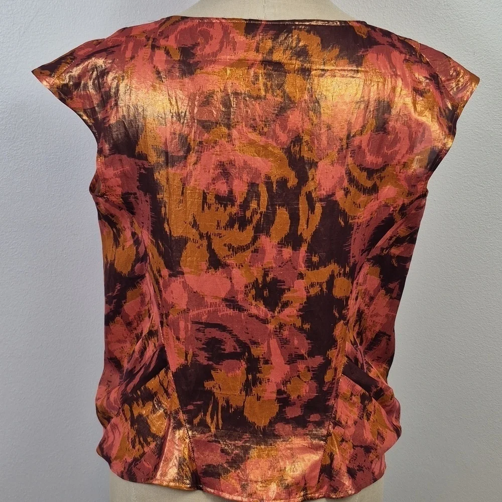 ETRO Womens Metallic Iridescent Golden Cap Sleeve Italian Lightweight Blouse Sm - Picture 2 of 12